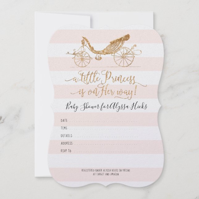 Invitation Elégante Princesse Carriage Gold Baby Girl Douche (Devant)