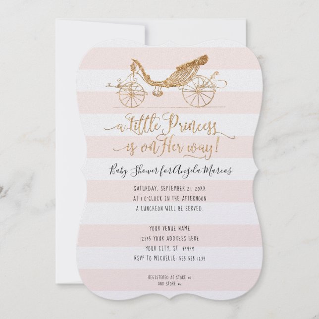 Invitation Elégante Princesse Carriage Gold Baby Girl Douche (Devant)