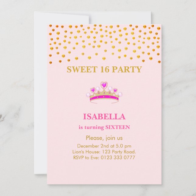Invitation Élégante princesse Crown Sweet 16 sur rose (Devant)