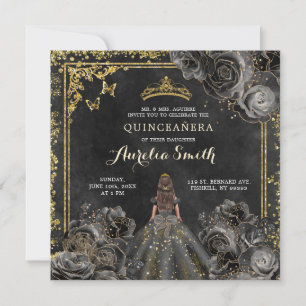 Invitation Elégante Princesse de Quinceañera Roses Noires et 
