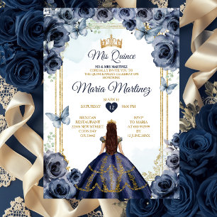 Invitation Élégante Princesse Fleurie Bleu Marine Quinze Ans