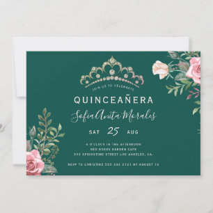 Invitation Élégante princesse fleurie tiara vert Quinceanera 