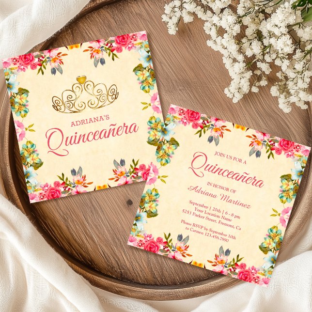 Invitation Élégante princesse florale rose Vintage Quinceaner (Créateur téléchargé)