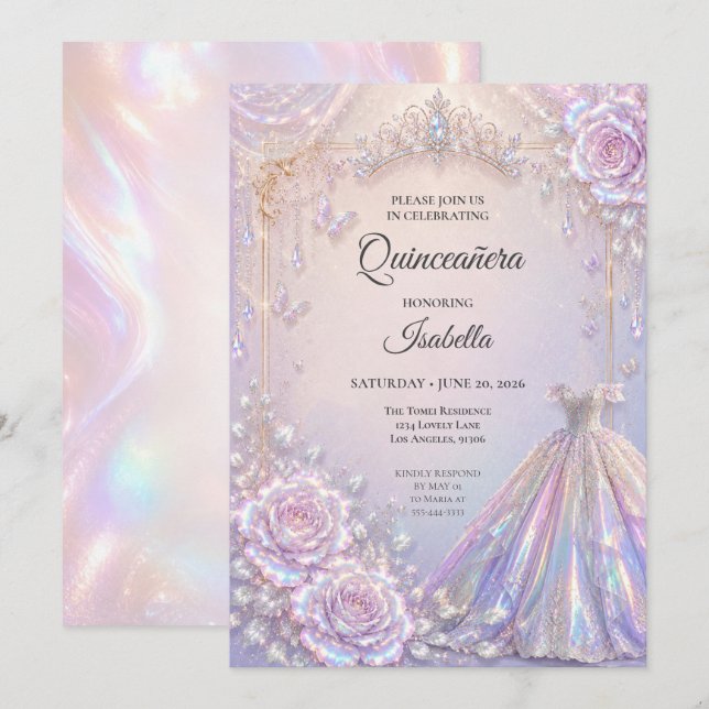 Invitation Élégante Princesse Iridescente Quinceañera (Devant / Derrière)
