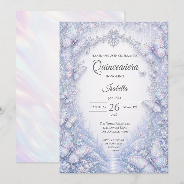 Invitation Élégante Princesse Iridescente Quinceañera (Devant / Derrière)
