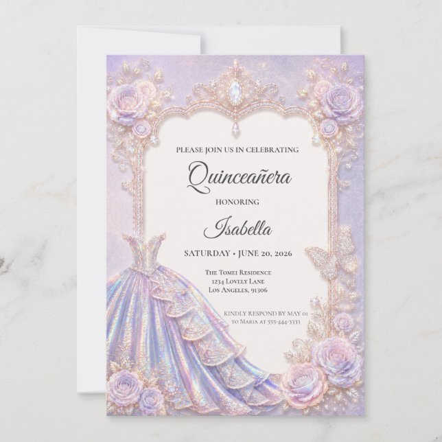 Invitation Élégante Princesse Iridescente Quinceañera (Devant)