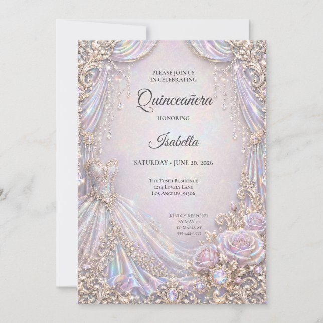 Invitation Élégante Princesse Iridescente Quinceañera (Devant)