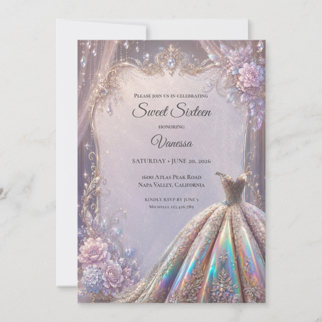 Invitation Élégante Princesse Iridescente Sweet 16 (Devant)