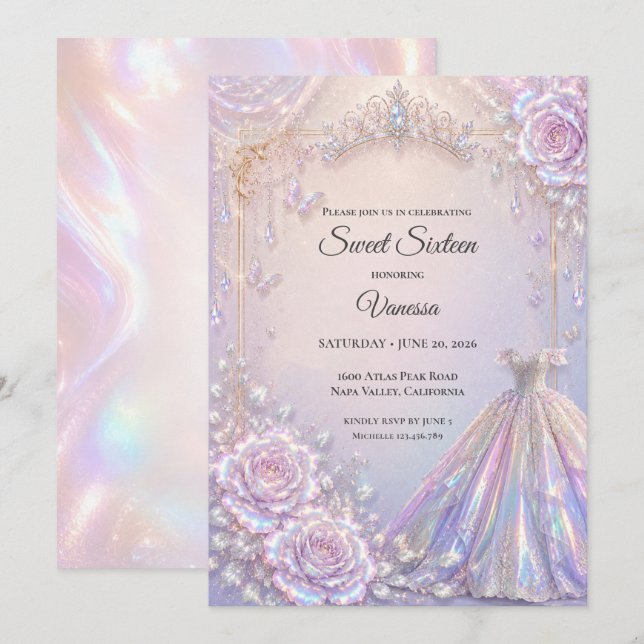 Invitation Élégante Princesse Iridescente Sweet 16 (Devant / Derrière)