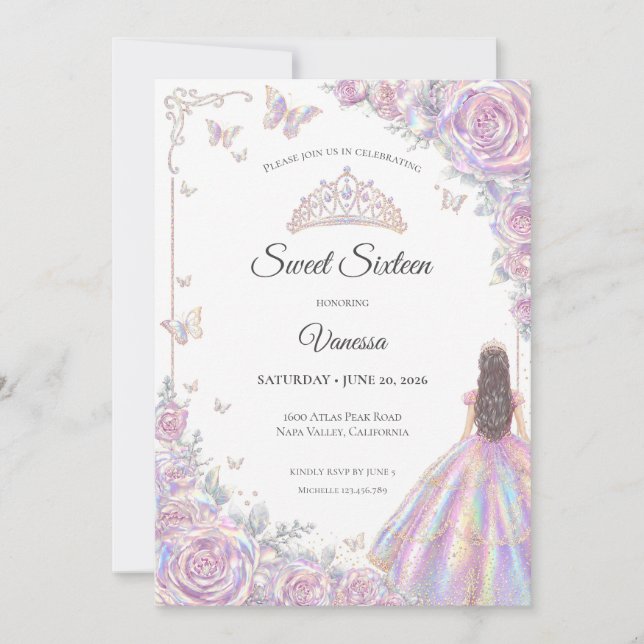 Invitation Elégante Princesse Iridescente Sweet 16 (Devant)