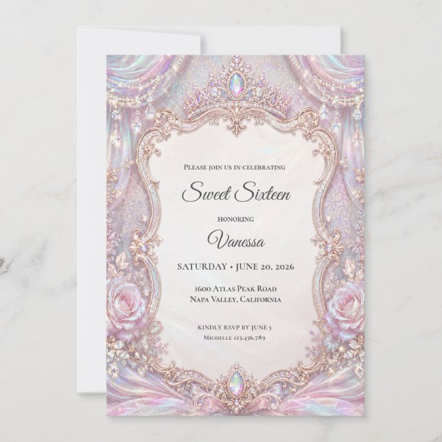 Invitation Élégante Princesse Iridescente Sweet 16 (Devant)