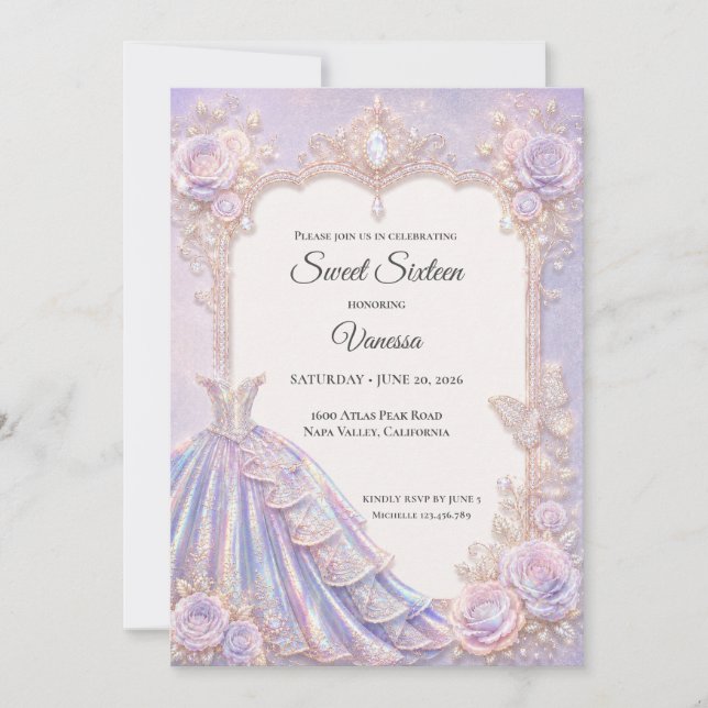 Invitation Élégante Princesse Iridescente Sweet 16 (Devant)