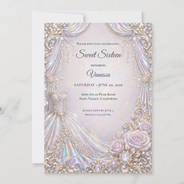 Invitation Élégante Princesse Iridescente Sweet 16 (Devant)