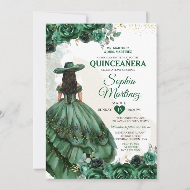 Invitation Élégante princesse mexicaine Emerald Green Quincea (Devant)
