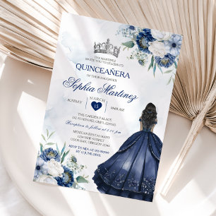 Invitation Élégante Princesse Quiñceanera Marine Floral Argen