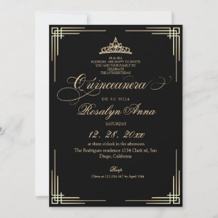 Invitation Élégante Princesse Quinceañera noire et or