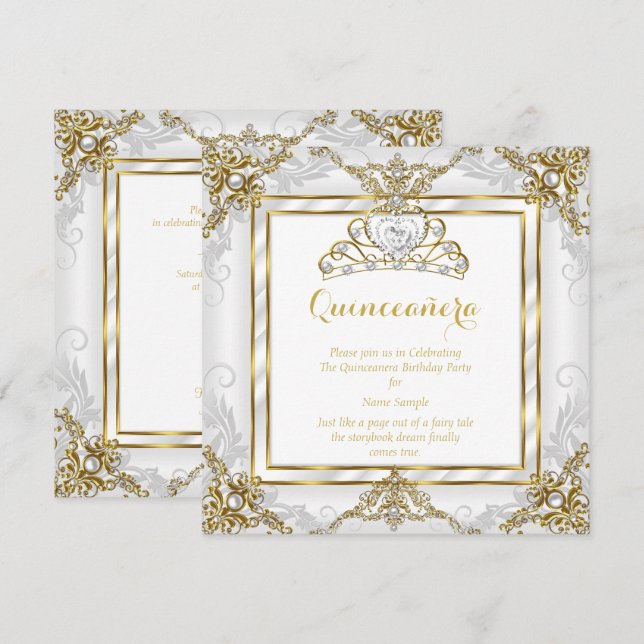 Invitation Elégante Princesse Quinceanera Or Blanc Perle (Devant / Derrière)