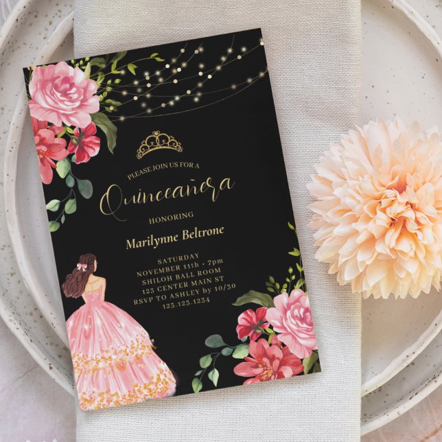 Invitation Élégante Princesse rose Floral Quinceañera (Créateur téléchargé)