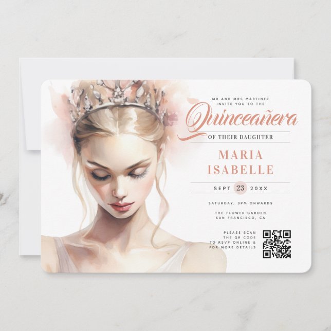 Invitation Elégante Princesse Rose QR Code Quinceañera (Devant)