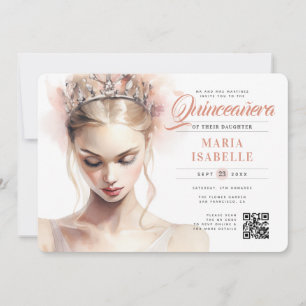 Invitation Elégante Princesse Rose QR Code Quinceañera