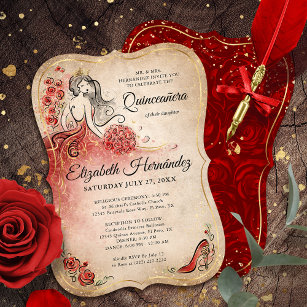 Invitation Elégante princesse Rouge et Or Quinceanera Anniver