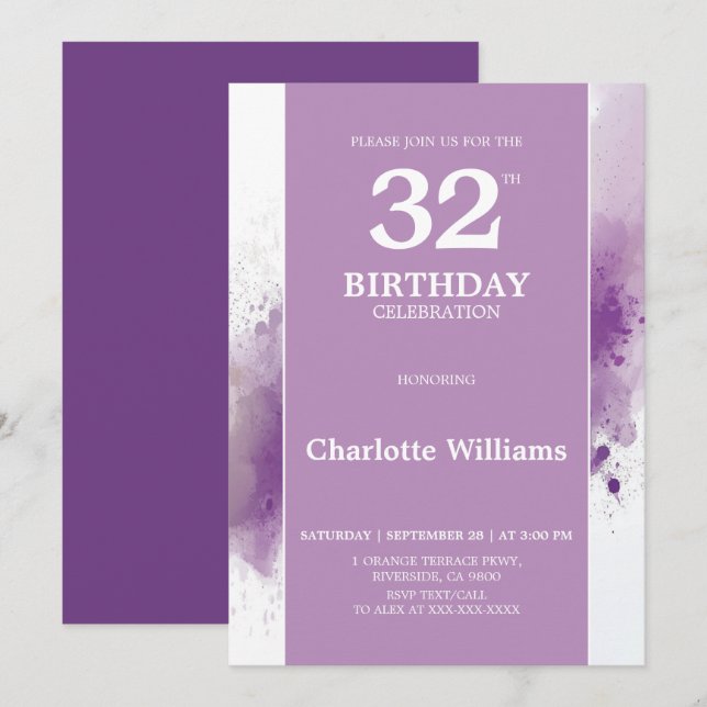 Invitation Elégante Purple 32e anniversaire Fête (Devant / Derrière)