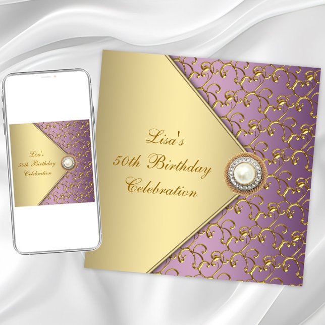 Invitation Élégante Purple et Gold Womans 50e fête d'annivers (Elegant birthday or any occasion invitation. Instant download and printed invitations available)