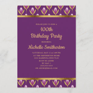Invitation Élégante Purple Floral Gold 100e fête d'anniversai