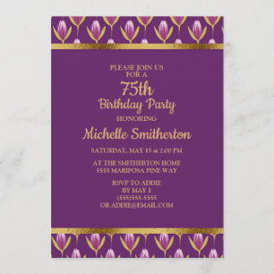 Invitation Elégante Purple Floral Gold 75e fête d'anniversair