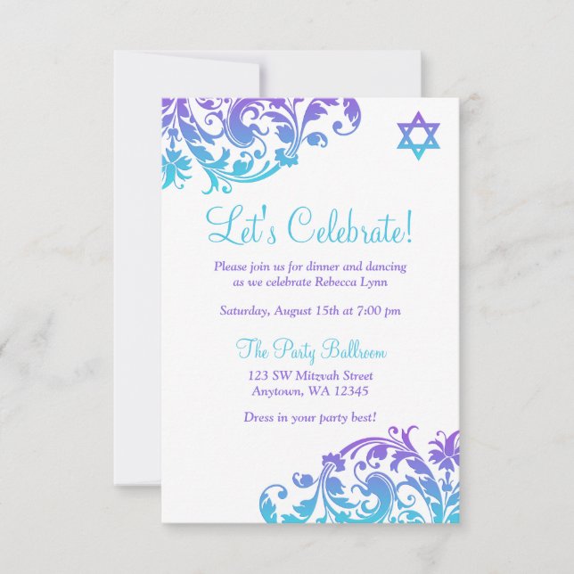 Invitation Elégante Purple Turquoise Flourdissant Bat mitzvah (Devant)