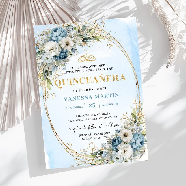 Invitation Élégante Quince Dusty Blue Or Vert Foncé  (Sophisticated Dusty Blue Gold Greenery Quince Invite)