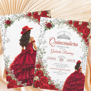 Invitation Élégante Quinceañera aquarelle rouge et argent