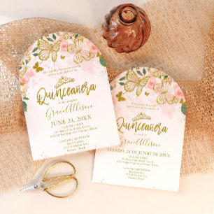 Invitation Élégante Quinceañera Bililingue Papillon Rose Or