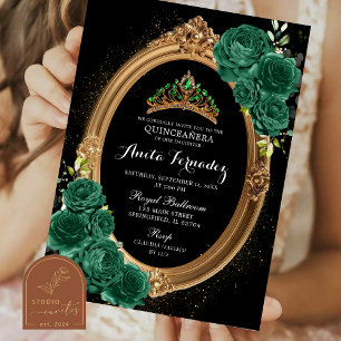 Invitation Elégante Quinceanera Black Emerald Green Invitatio