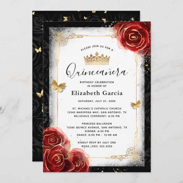 Invitation Elégante Quinceanera blanche et rouge noire (Devant / Derrière)