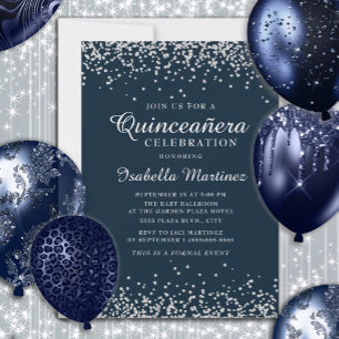 Invitation Elégante Quinceañera bleu marine argenté confettis