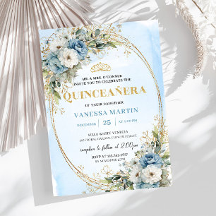 Invitation Élégante Quinceañera Bleu Poussiéreux et Vert doré