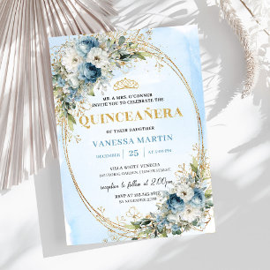 Invitation Élégante Quinceañera Bleu Poussiéreux Or Vert