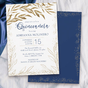 Invitation Elégante Quinceanera Bleu Royal et Feuilles Dorées