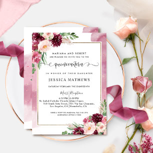 Invitation Elégante Quinceañera Bourgogne Blush Pink Floral