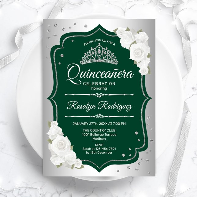 Invitation Élégante Quinceanera d'argent vert émeraude (Créateur téléchargé)