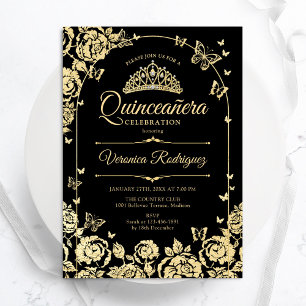 Invitation Élégante Quinceanera d'or noir
