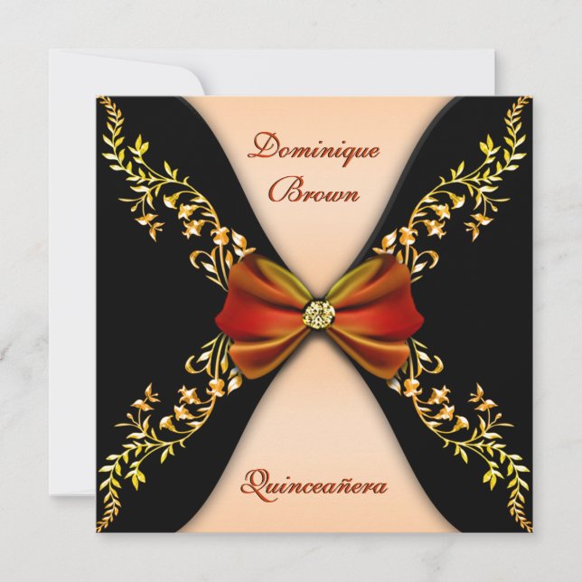 Invitation Élégante Quinceanera d'Orange Black Diamond Bow (Devant)