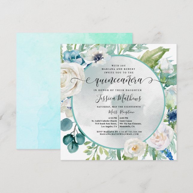 Invitation Elégante Quinceañera en Aqua Turquoise Turquoise F (Devant / Derrière)