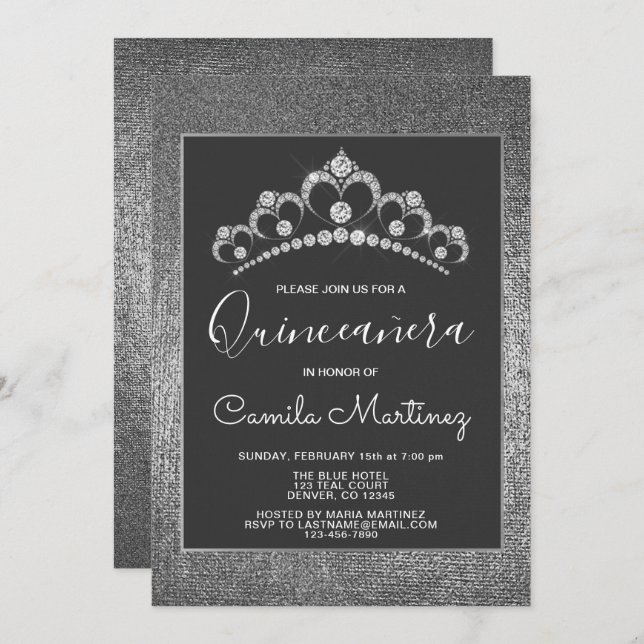 Invitation Elégante Quinceanera en argent avec Tiara (Devant / Derrière)