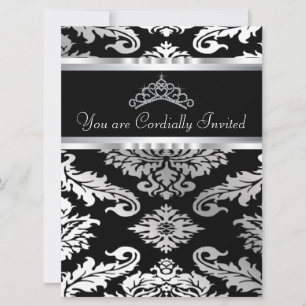 Invitation Élégante Quinceanera en damas noir