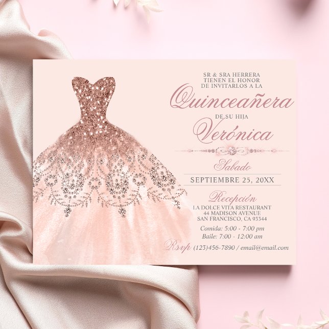 Invitation Elégante Quinceañera espagnole Mis Quince Rose ros (Créateur téléchargé)