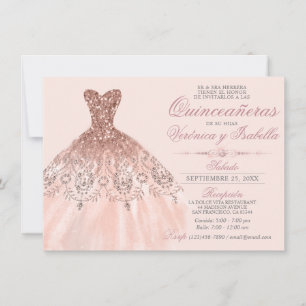 Invitation Elégante Quinceañera espagnole Quince Rose Twins