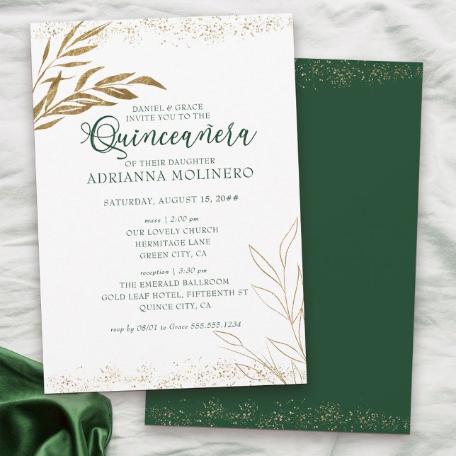 Invitation Elégante Quinceanera et Masse verte et feuille d'o (Emeral Green White & Gold Invitation to Quinceanera and Church Ceremony)