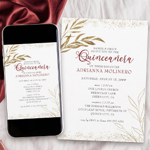 Invitation Élégante Quinceanera et Messe Rouge et Feuille d'O